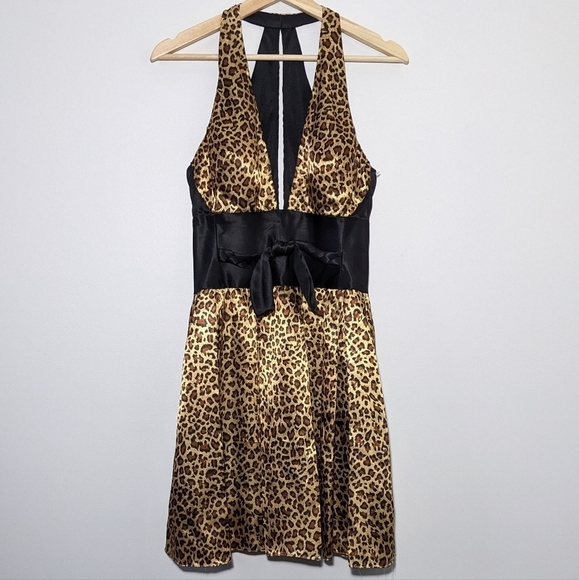 Jovani Silk Mini Dress Cocktail Cheetah Animal Print Black Y2K Vintage Size 6 - Picture 2 of 14